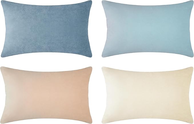MONDAY MOOSE Decorative Throw Pillow Covers Cushion Cases, Set of 4 Soft Velvet Modern Designs, Mix and Match for Home Decor, Pillow Inserts Not Included (12x20 inch, Beige/Light Blue)