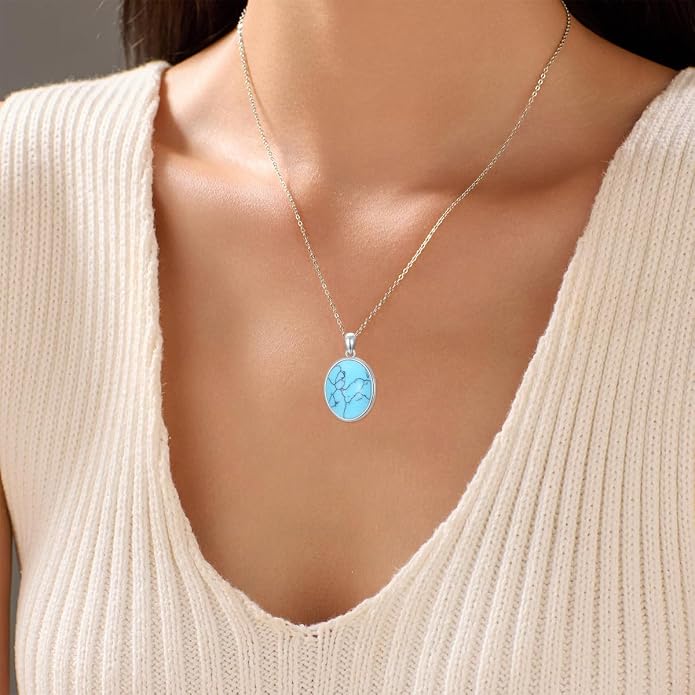 925 Sterling Silver Oval Moonstone/Turquoise Pendant Necklace, Dainty Necklace Jewelry Gifts for Women, with 18+2inch Chain