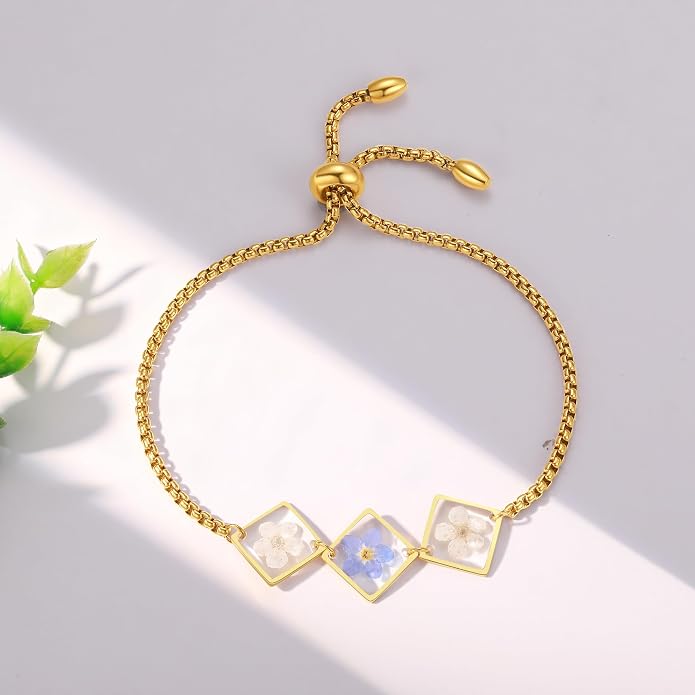 AUNTESIGN Forget-Me-Not Pressed Wildflower Bracelet | Pressed Flower Bracelet | Gold/Silver Pressed Flower Jewelry | Personalized Handmade Jewelry | Gift For Women