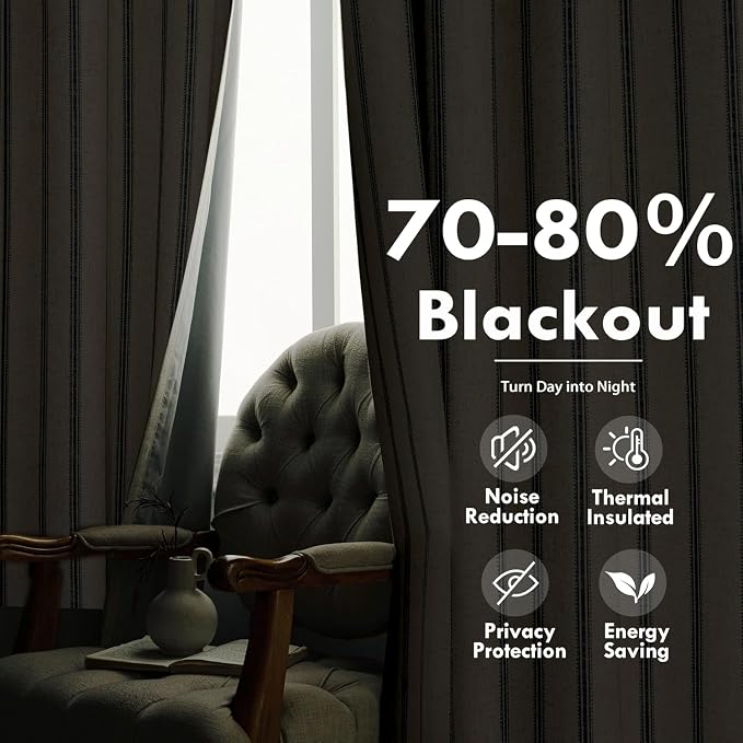 DriftAway Farmhouse Stripe Blackout Curtains, Grommet, W52xL45, Navy Blue | Blackout, Linen Texture, Stripe Pattern, Rod Pocket & Back Tab, Two Layers, Bedroom Living Room Use, Sound Reducing Design