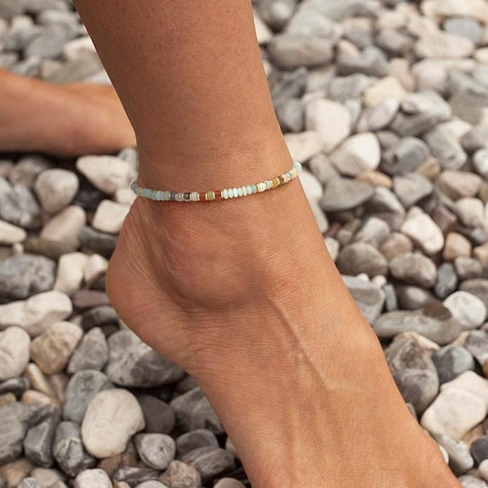 Natural Stone Beaded Anklets for Women Teen Girl Gifts Trendy Stuff Boho Anklet Colorful Bead Ankle Bracelets for Women Waterproof Handmade Beach Gifts Summer Jewelry Birthday Christmas Gift