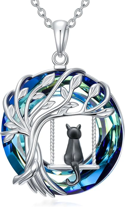 TOUPOP Cat Necklace Gifts for Women Sterling Silver Celtic Mounatin Moon Pendant with Blue Crystal Birthday Christmas Jewelry Gifts for Women