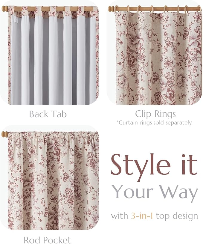 jinchan Red Floral Linen Blackout Curtains Lined 90 Inch Back Tab 2 Panels | Blackout lining, room darkening drapes, farmhouse, vintage, cottagecore, rustic, bedroom, living room, window treatment
