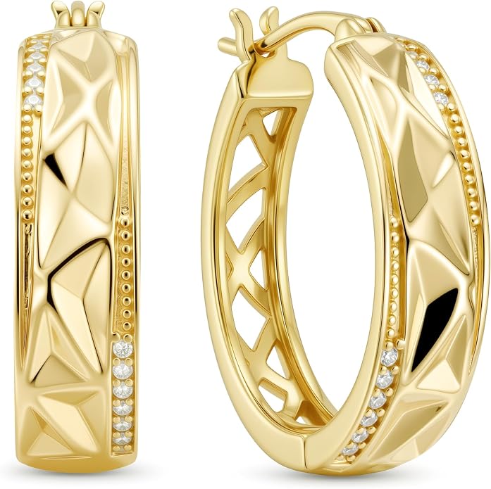 14K Gold Geometric Hoop Earrings for Women 20mm Chunky Gold Hoops Hypoallergenic Faceted Huggie Earrings Jewelry Gift