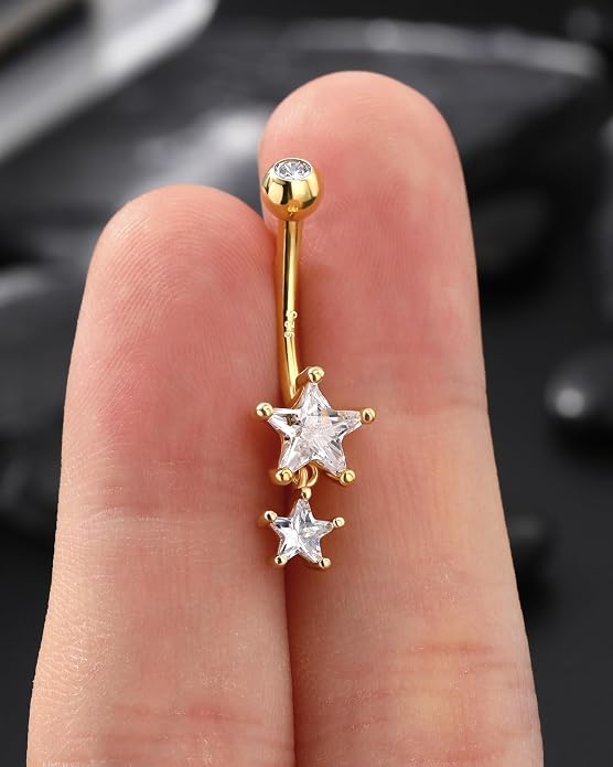 14K Gold Plated Belly Button Rings - Dangle Star 925 Sterling Silver Navel Rings for Women - 14G Belly Piercing Jewelry