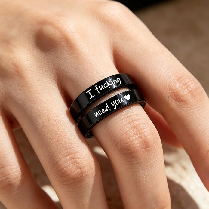 I Fcking Love You Ring, Stainless Steel Engraved Inspirational Words Heart Open Adults Women Vintage Promise Rings Lover Wife Jewelry