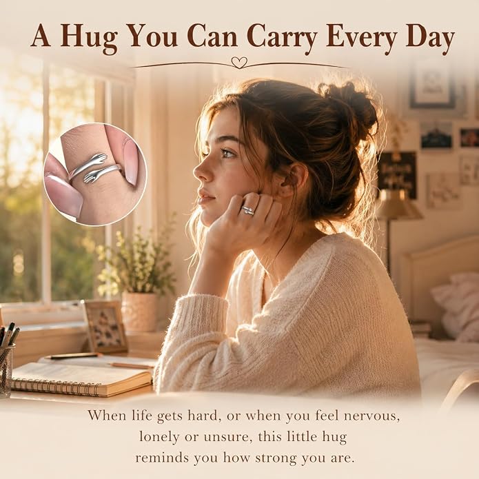 S925 Sterling Silver Hug Rings for Women Teen Girls Adjustable Ring for Granddaughter Daughter Hope Promise Friendship Hand Ring Jewelry for Birthday Graduation Christmas Mothers Day Valentines Gifts
