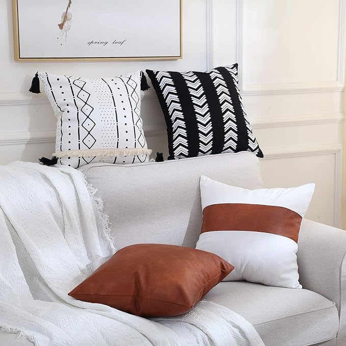 GALMAXS7 Boho Throw Pillow Covers 18 x 18 Set of 4 - Modern Stripe Geometric Farmhouse Decorative Pillow Cover Sets for Pillows - Couch Sofa Bed,Faux Leather Black and White Pillow Covers