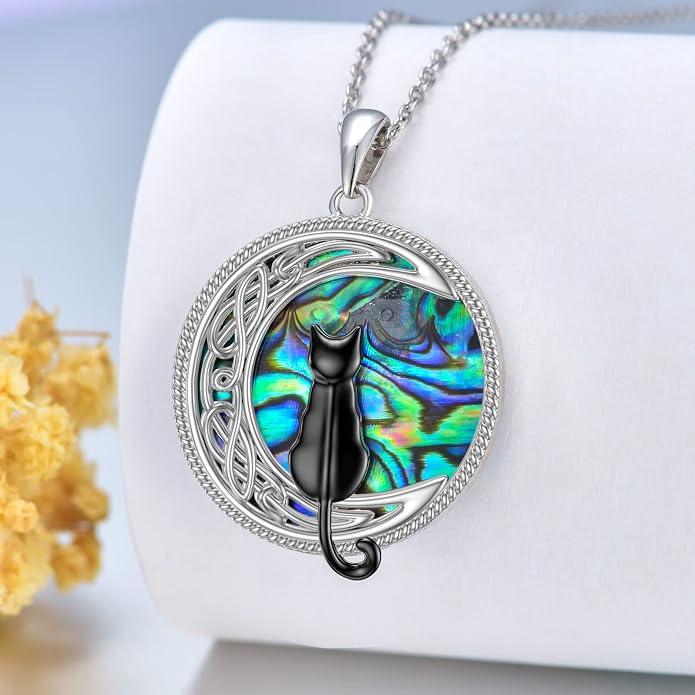TOUPOP Cat Necklace Sterling Silver Abalone Shell Celtic Cat on the Moon with Abalone Shell Birthday Christmas Jewelry Gifts for Women