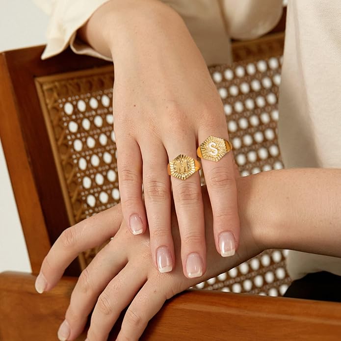 KeyStyle Bold Initial Letter Rings Adjustable, GoldChic Jewelry Women Gold Statement Ring Personalized Engraved Women’s Open Signet Ring for Party (Gold, White Gold, Black)