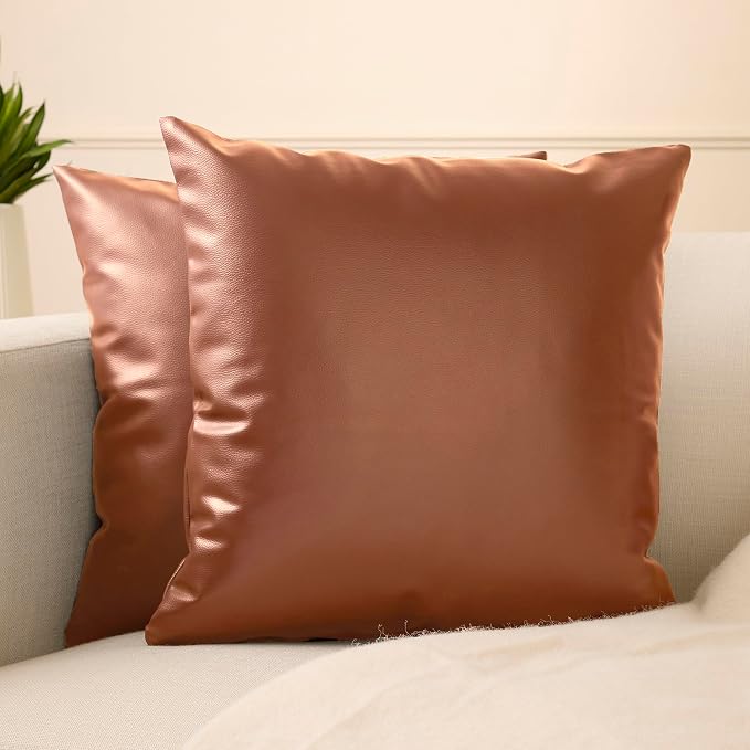 Encasa XO Faux Leather Throw Pillows Covers 24"x24" (Set of 2) | Tan Decorative Cushion Covers | Modern Farmhouse Pillow Cases for Outdoor, Living Room, Bedroom, Couch, Sofa