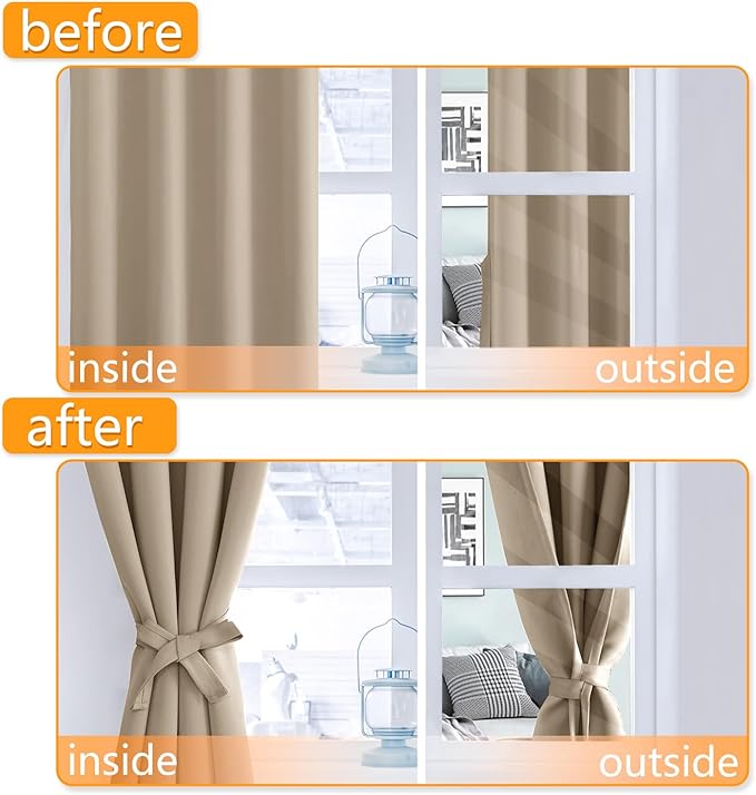 Hiasan Blackout Curtains for Bedroom, 52 x 96 Inches Long - Thermal Insulated & Light Blocking Window Curtains for Living Room, 2 Drape Panels Sewn with Tiebacks, Taupe