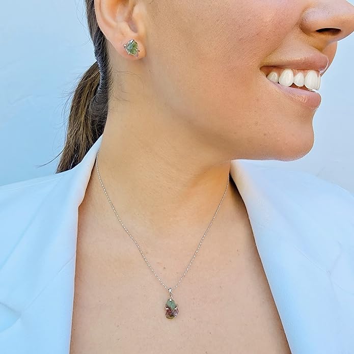Natural raw gemstone pendant chain necklace with white gold over 925 solid sterling silver, birthstone dainty solitaire gift for her, uniquelan jewelry