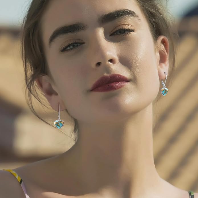 Heart Natural Turquoise Earrings for Women - Top AAA Grade, Hypoallergenic 925 Sterling Silver Leverback Dangle Earrings, Trendy Jewelry Gifts