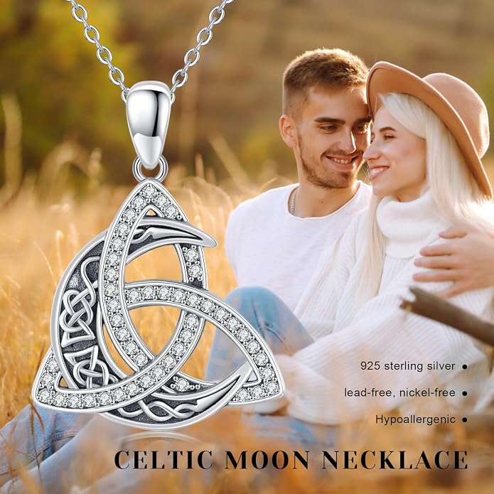 CHENGHONG Celtic Moon Necklace for Women 925 Sterling Silver Celtic Knot Moonstone Pendant Necklace Crescent Irish Necklaces Celtics Jewelry Gift for Women Men