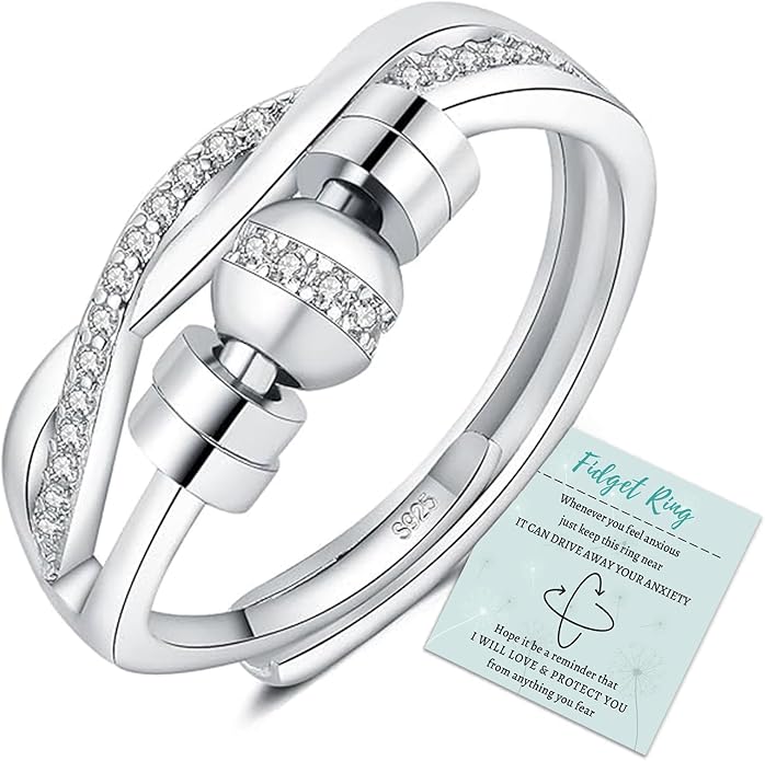 HEEYA Anxiety Rings for Women, Adjustable Sterling Silver Plated Fidget Rings with Beads, Stress Adjustable Spinner Ring, Thumb Jewelry for Birthday, Christmas, Valentine's Day
