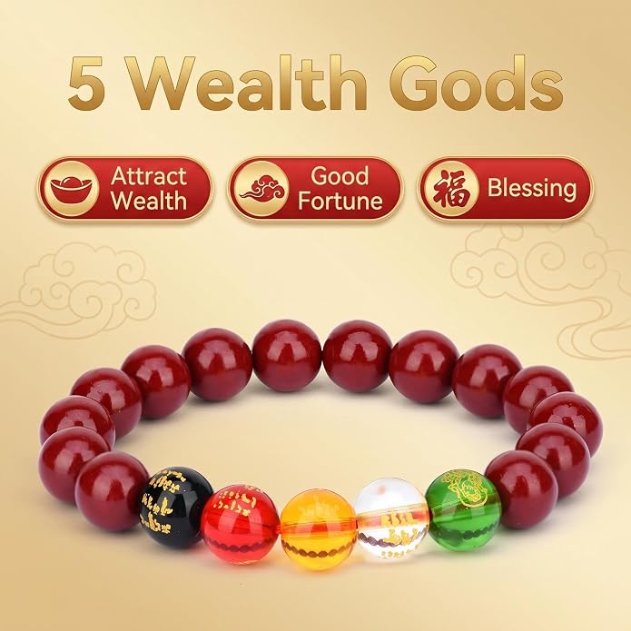 LINGYUAN Feng Shui Wealth and Luck Bracelet with Gold Foil Five Gods Amulet-Red Agate Cinnabar Gemstone Bracelet for Prosperity, Protection & Success, Lucky Charm Gift for Men & Women