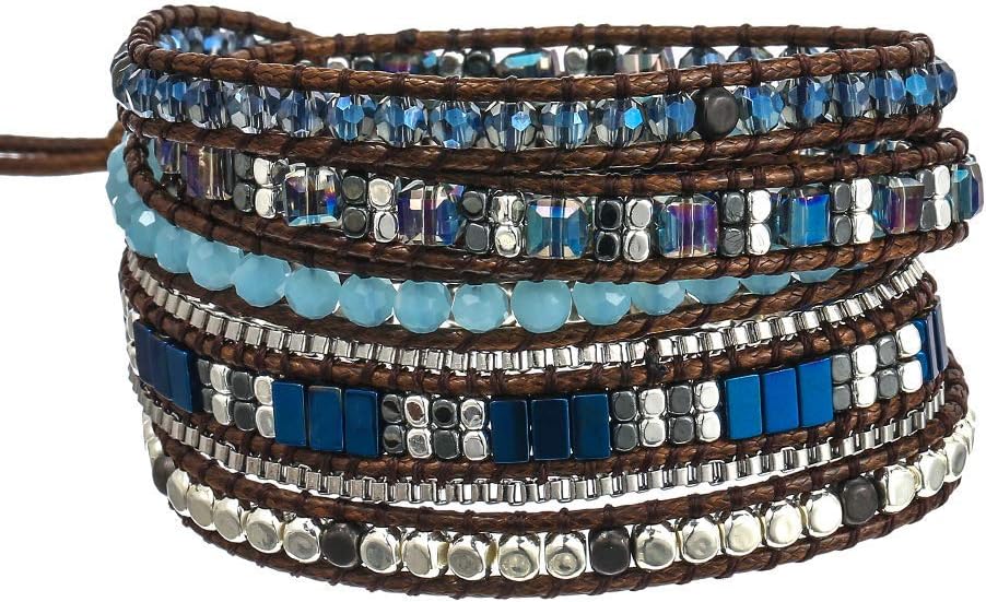 Plumiss Women Boho Handmade Natural Stone Crystal Leather Bead Wrap Bracelets Collection