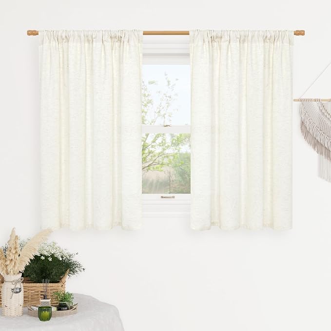 LAMIT Cream Sheer Linen Curtains for Bedroom, 45 Inches Long Faux Linen Textured Light Filtering Panels Rod Pocket Neutral Drapes for Kitchen/Window/Living Room, 2 Panels Set, 42 x 45 Inch