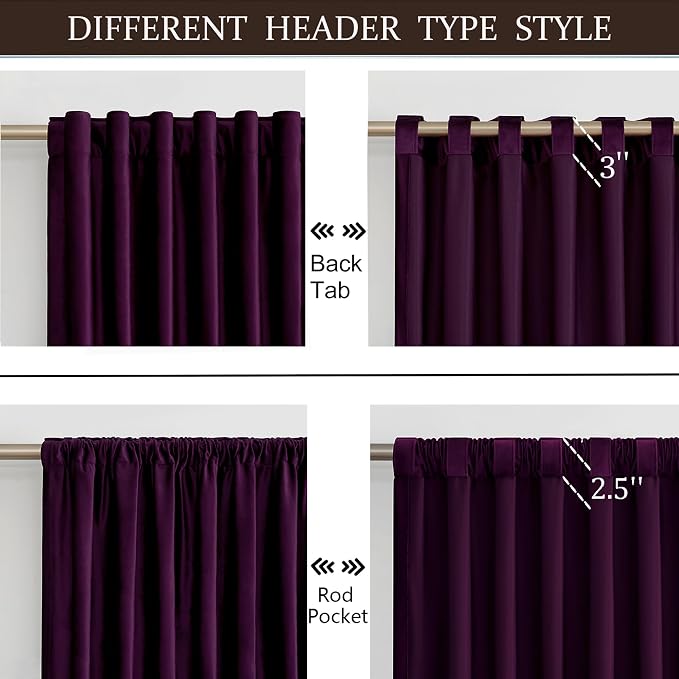 PRIMROSE 100% Full Blackout Purple Velvet Curtains 108 inch Long for Living Room,Set of 2 Liner Rod Pocket Back Tab Thermal Window Curtains Room Darkening Heavy Decorative Curtains Drapes for Bedroom