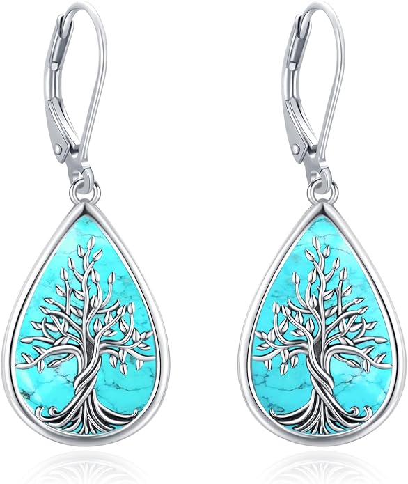Dangle Earrings Sterling Silver Moonstone/Turquoise/CZ/Crystal Earrings for Women Tree of Life Animal Filigree Leverback Earrings Jewelry Gifts