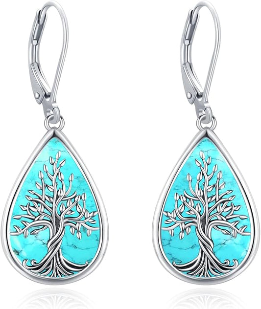 Dangle Earrings Sterling Silver Moonstone/Turquoise/CZ/Crystal Earrings for Women Tree of Life Animal Filigree Leverback Earrings Jewelry Gifts