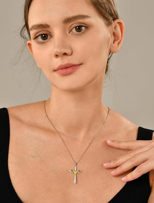 YL Cross Necklace 925 Sterling Silver Angel Wings Pendant Teardrop Birthstone Criss Jewelry for Women
