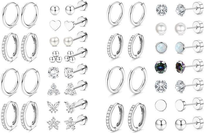 Jstyle 23 Pairs Hypoallergenic Silver Stud Hoop Earrings for Women Flat Back Earring for Women Surgical Stainless Steel Earrings for Sensitive Ears Small Stud Cartilage Earring Stack Jewelry Set