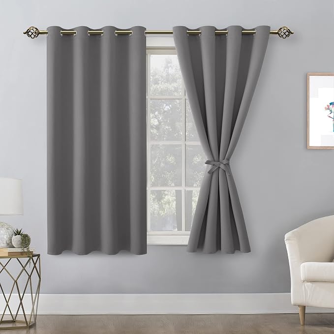 Hiasan Blackout Curtains for Bedroom - Thermal Insulated & Light Blocking Window Curtains for Living Room/Kids Room, 2 Drape Panels Sewn with Tiebacks, Light Grey, 52 x 45 Inch