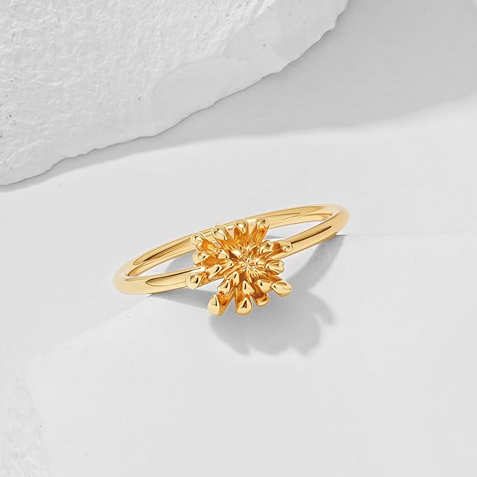 Birth Flower Ring for Women 14K Gold Plated Floral Minimalist Stackable Finger Jewelry Birthday Gifts