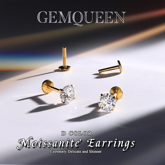 GEMQUEEN Moissanite Earrings G23 Titanium Extended Internal Thread Flat Back Earrings Hypoallergenic Tragus Cartilage Helix Conch Piercing Jewelry for Women Men 18G 6/8mm Post Gray/D Color 0.2-3CT