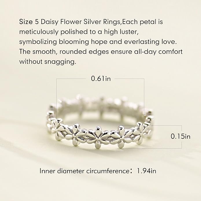 925 Sterling Silver Rings for Women Daisy Flower Stack Rings，Sterling Silver Hypoallergenic Fade-Resistant，Non Tarnish Statement Ring Fashion Marriage Band Sunflower Stacking Ring Jewelry Gift for Women