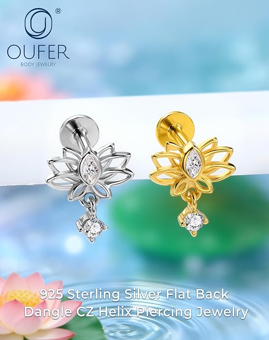 OUFER Silver Flat Back Earrings-16G Gold Forward Helix Piercing Jewelry, Internal Thread Clear CZ Pendant Helix Cartilage Tragus Conch Lobe Piercing Jewelry
