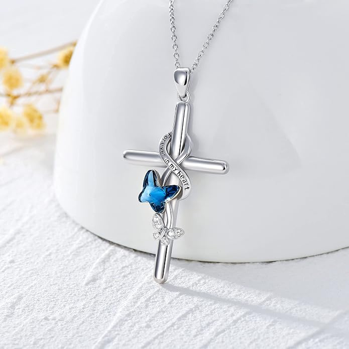 Cross Necklace for Women 925 Sterling Silver I Love You Necklace Religious Jewelry with Gift Box for Mother Daughter