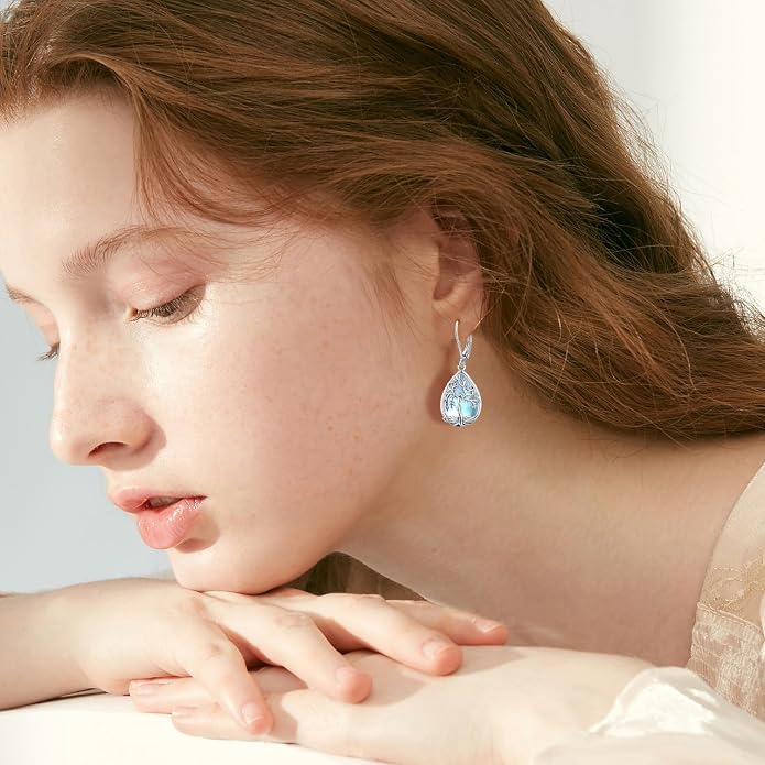 Odinstone 925 Sterling Silver Earrings Tree of Life Teardrop Moonstone Dangle Drop Leverback Earrings for Women