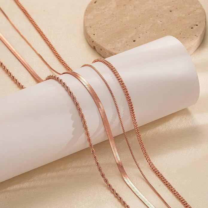 Tewiky Layered Necklaces for Women Non Tarnish- Chunky 14k Gold Plated Herringbone/Snake/Rope/Box/Cuban Link Chain for Women Waterproof Layering Stack Choker Necklace Trendy Dainty Tarnish Free Jewelry Set