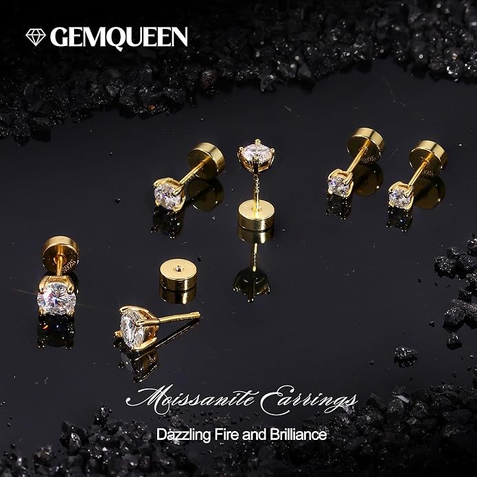 GEMQUEEN 3/4 Pairs Moissanite Earrings Studs 14K Gold Plated S925 Sterling Silver Flat Back Earring for Women Men - Hypoallergenic Set Cartilage Helix Piercing Jewelry Trendy D Color VVS1