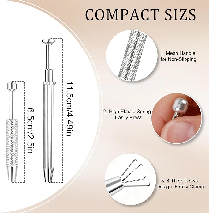ONESING 2Pcs Piercing Ball Grabber Tool for Changing Jewelry, Stianless Steel Flat Back Earring Applicator Internally Threaded Push Pin Piercing Grabber Tool, Anti Slip 4 Claw Gem Ball Grabber Tool