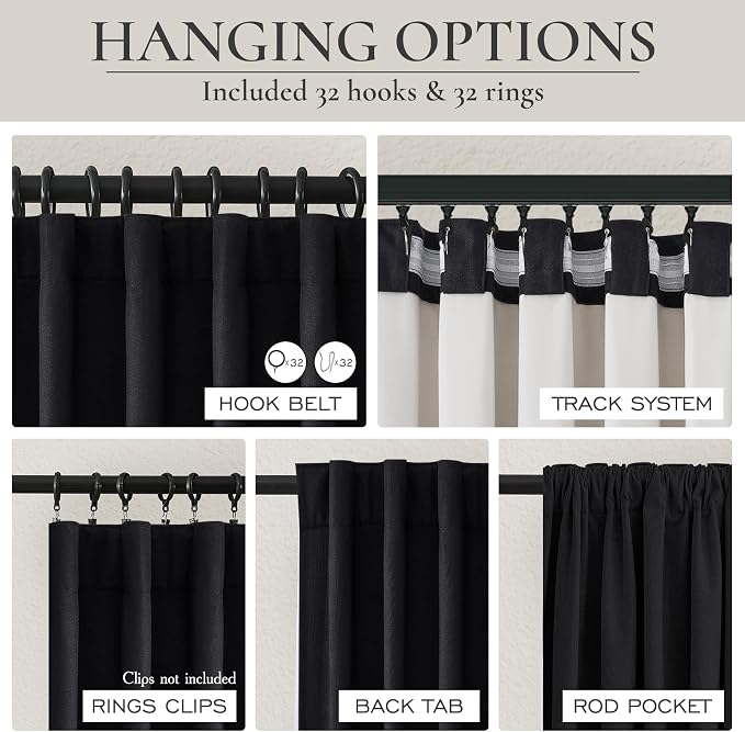QJmydeco Extra Long 120 Inch Black Curtains for Living Room, Luxury Linen Blackout Ceiling Track Curtain Rod Pocket for Sliding Glass Doors Thermal Noise Cancelling Window Pleated Drapes 2 Panels Set