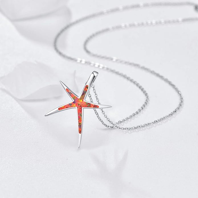 Cuoka Starfish Necklace, 925 Sterling Silver with Opal, Hawaiian Beach Nautical Ocean Pendant, Starfish Jewelry Opal Jewelry Valentine for Women Girlfriend