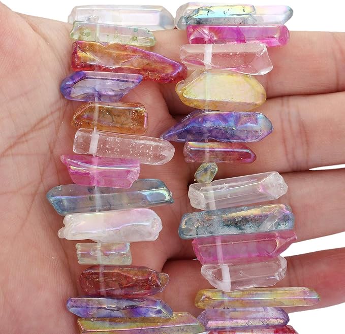 TUMBEELLUWA Rock Quartz Crystal Points Loose Beads for Jewelry Making, Titanium Coated Polished/Raw Quartz Beads 15 Inches Top Drilled,Multi-Color Crystal Points(0.5"-1.6")