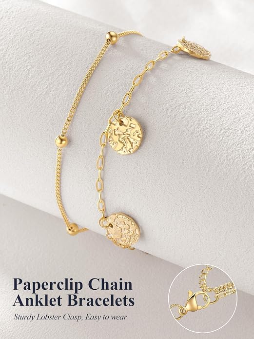U7 Silver/Gold Ankle Bracelets for Women Layered Chain Anklets Stainless Steel Waterproof Summer Beach Anklet Cham, Adjustable 8.5"-10.5"
