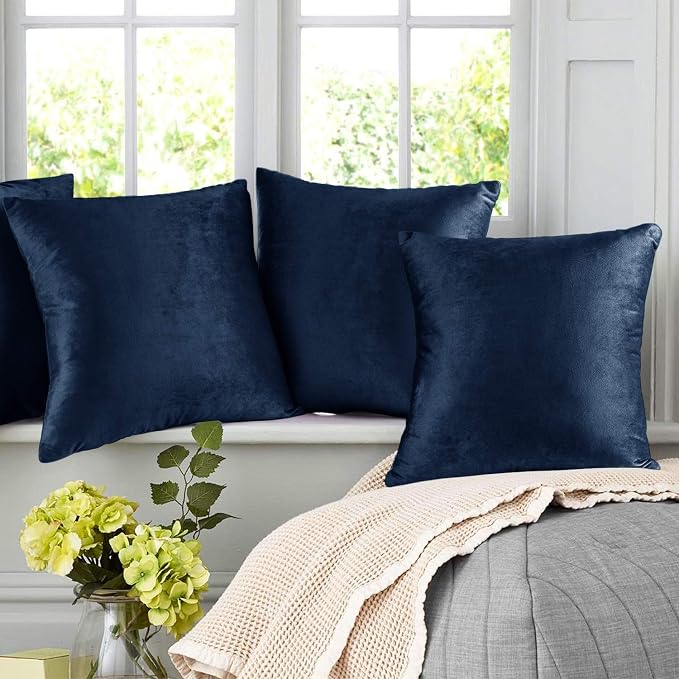 Nestl Throw Pillow Covers, Cozy Velvet Decorative Pillow Cases 24x24 Inches, Soft Solid Couch Pillow Covers for Sofa, Bed and Car, Set of 4 - Navy Blue