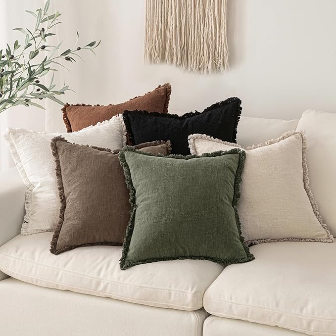 MIULEE Decorative Lumbar Throw Pillow Covers Neutral Linen Fringe Throw Pillows Set of 2 Cocoa Brown Boho Farmhouse Cushion Covers for Couch Sofa Bed Living Room Fall Home Decor 12x20 Inch