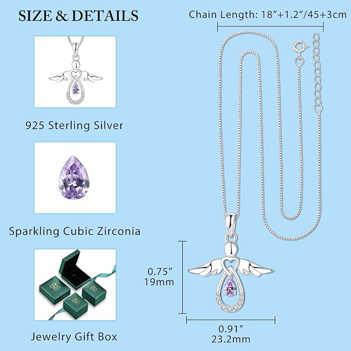 FJ Guardian Angel Necklace 925 Sterling Silver Birthstone Pendant Angel Jewelry Gifts for Women