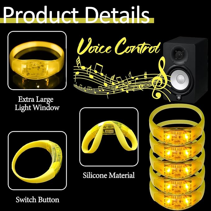 24 Pcs LED Glow Bracelets Sound Activated Led Flashing Bracelet Music Control Light Up Bracelets,Glow in The Dark Party Supplies For Birthday Carnival Concerts Night Events Christmas Gift (yellow)