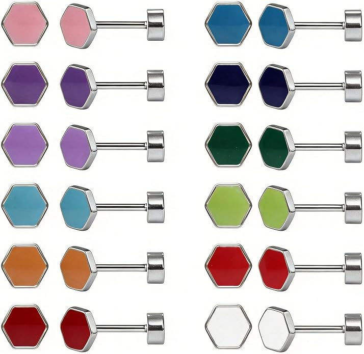 JMLOON 12 Pairs Enamel Flat Back Stud Earrings Surgical Stainless Steel Round Heart Star Square Hexagon Screw Back Stud Earrings