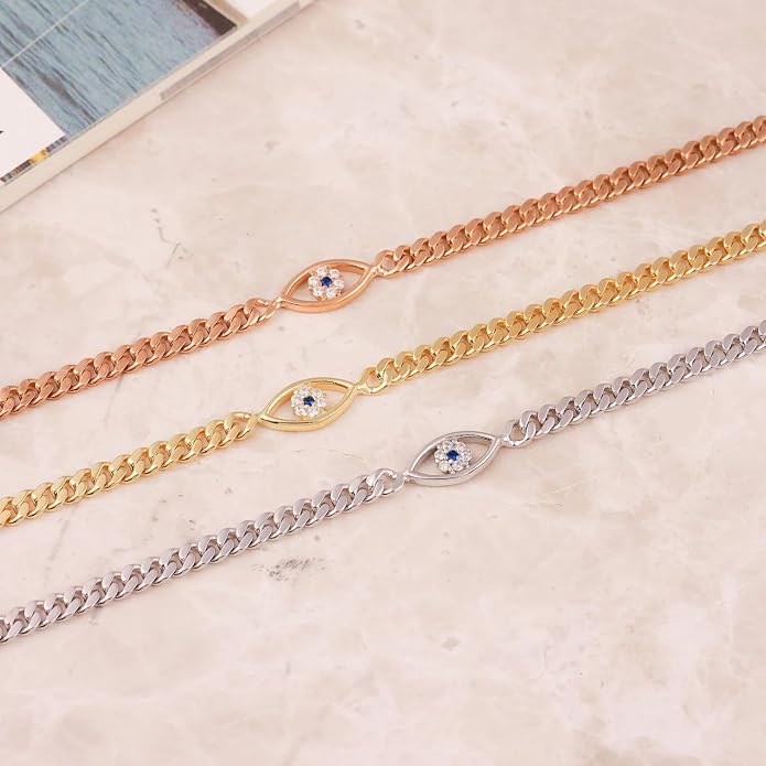 EXPHAIN Evil Eye Bracelet for Women Girl Sterling Silver Cuban Link Curb Chain Bracelets Jewelry Gifts