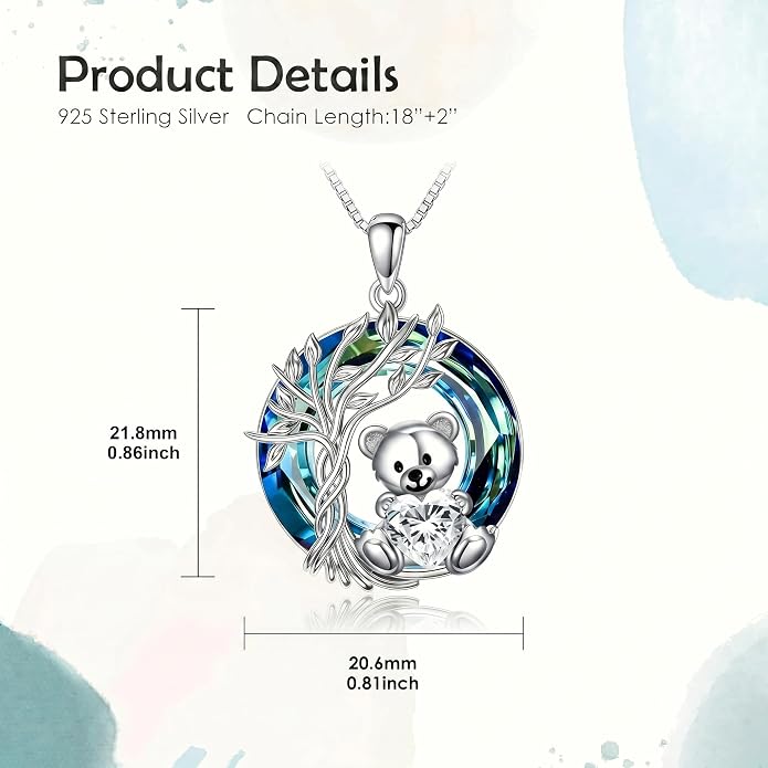 PELOVNY Teddy Bear Necklace for Women 925 Sterling Silver Bear/Highland Cow/Fox/Cat/Axolotl Birthstone Necklace Christmas Birthday Jewelry Gifts for Mom Daughter Wife Sister