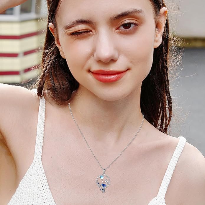 LUHE Mermaid Necklace Jewelry Gifts Sterling Silver Sea Mermaid Crescent Moon and Star Necklace with Flower Pendant Birthday Gifts for Daughter Women